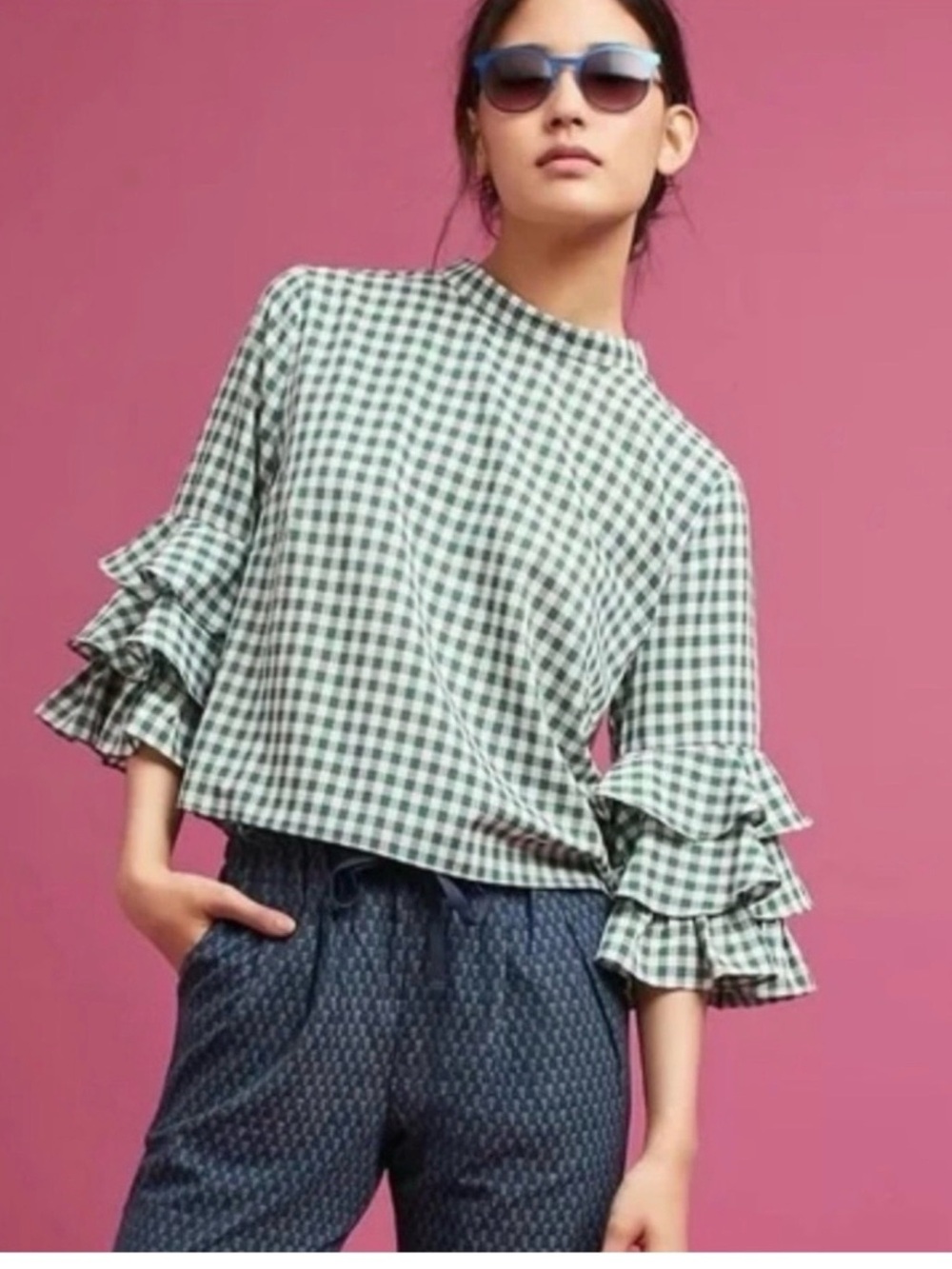 Sunday in Brooklyn Anthropologie Sz S Women’s Green Gingham Ruffle Sleeve Blouse